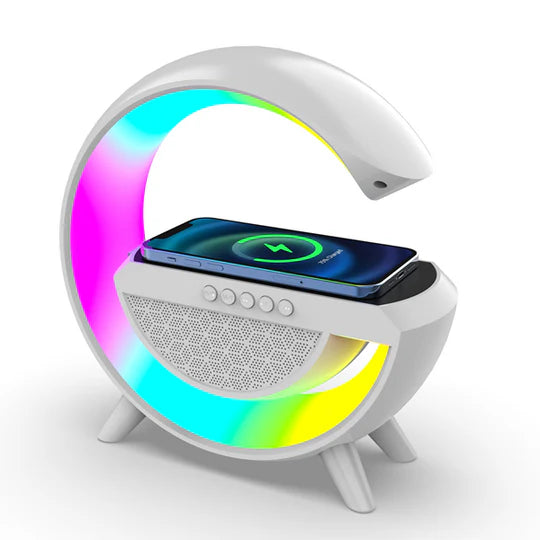 LÁMPARA DE MESA "G" RGB CON CARGA INALÁMBRICA Y FM 🎵