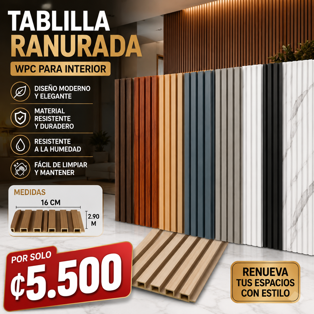 🔥 Tablilla Ranurada WPC para Interior