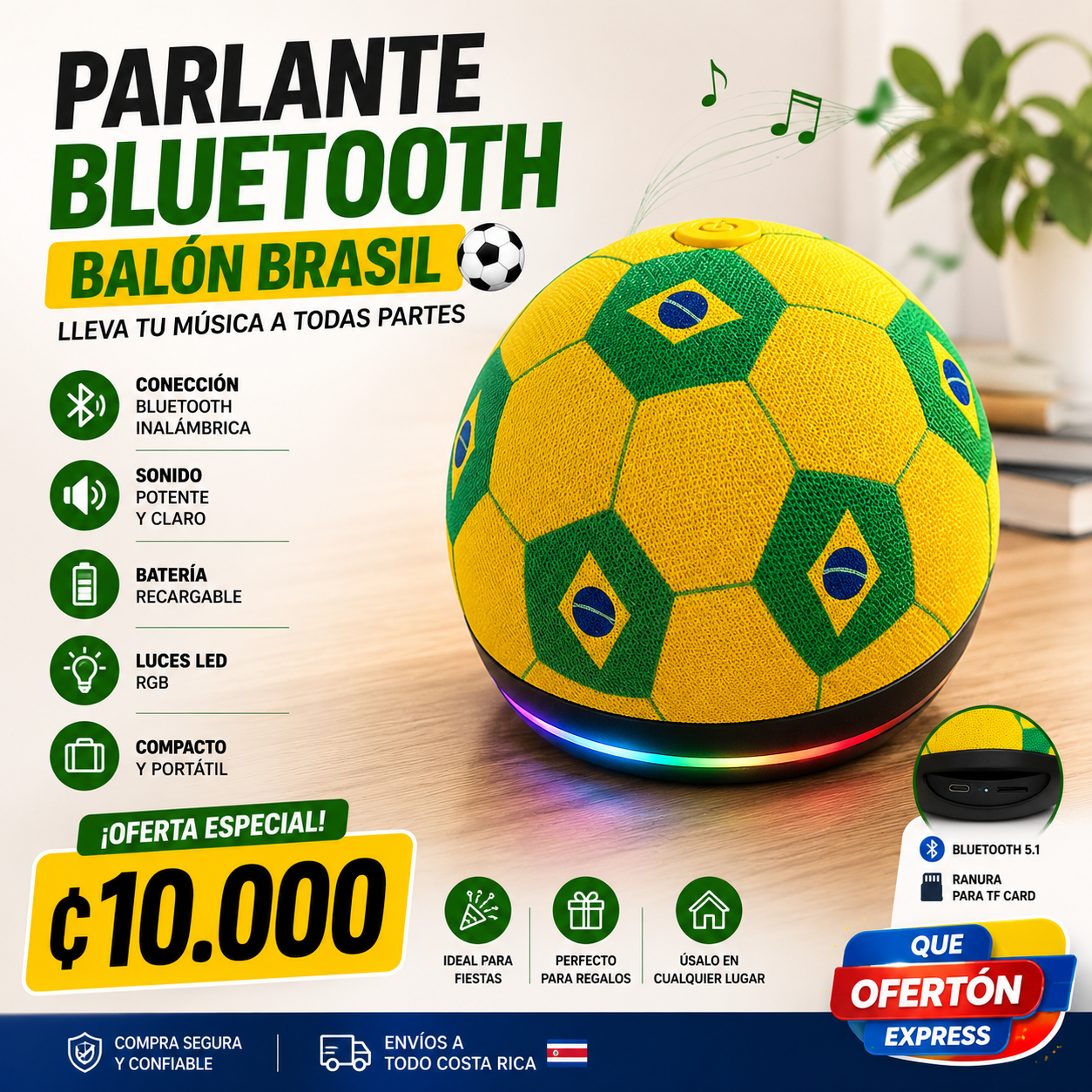 📢 PARLANTE BLUETOOTH BALÓN BRASIL ⚽🇧🇷