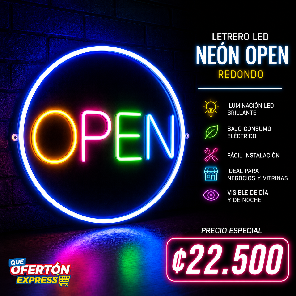 Letrero LED Neón OPEN Redondo Multicolor