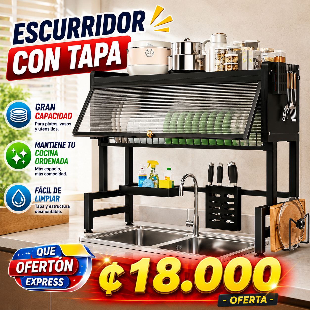 🔥 Escurridor de Platos con Tapa Multiuso 65cm