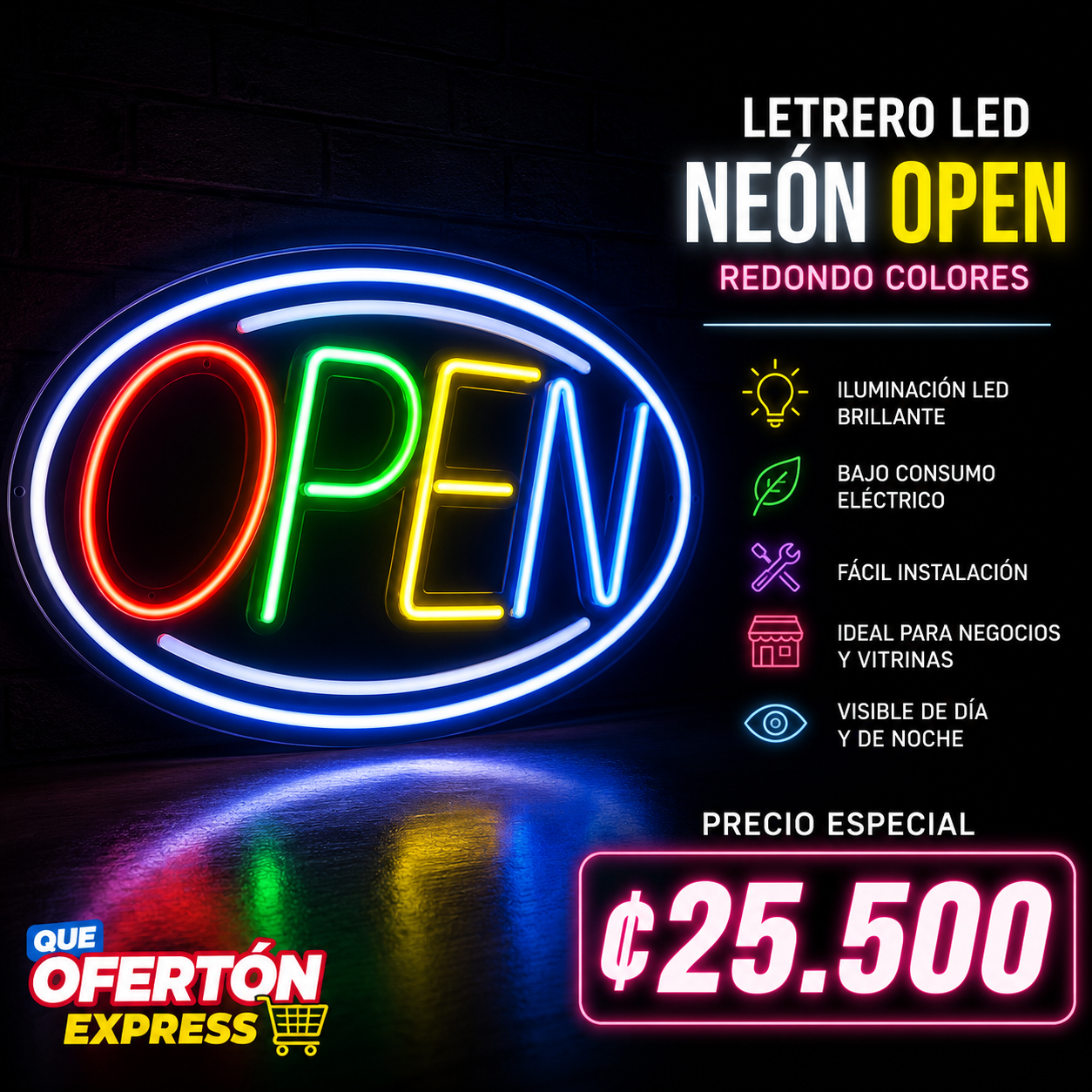 Letrero LED Neón OPEN Multicolor