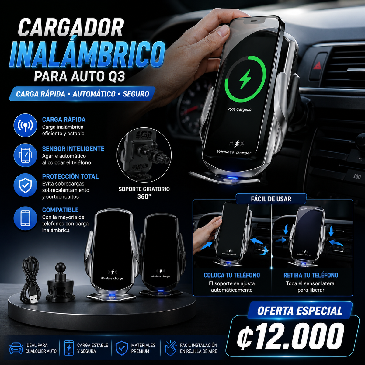 🚗 Cargador Inalámbrico Inteligente para Auto Q3 | Soporte Automático