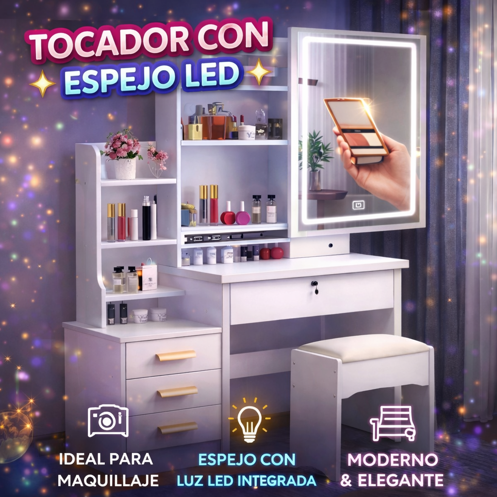 🪞✨ TOCADOR CON ESPEJO LED – Elegancia, orden y luz perfecta ✨💄