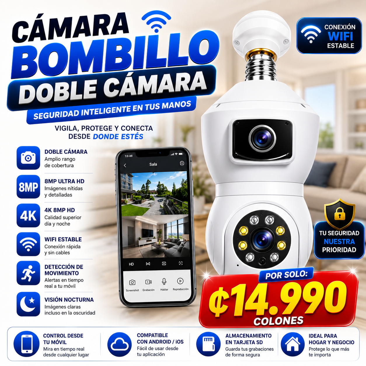Cámara Bombillo Doble Cámara 8MP Ultra HD