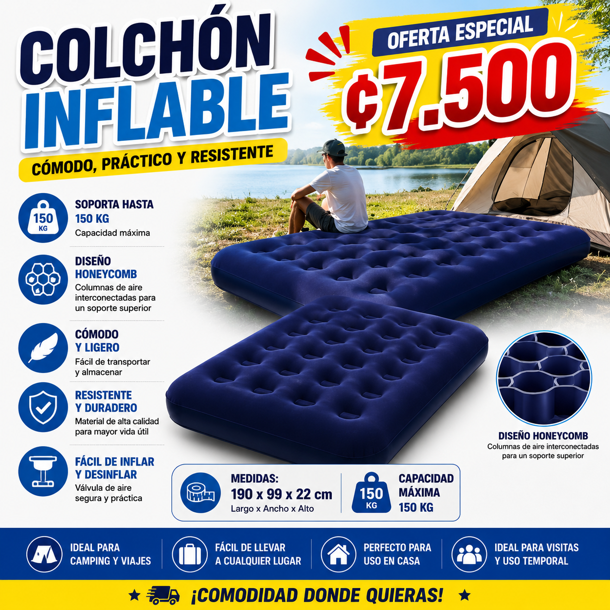 🛏️✨ Colchón Inflable Individual
Ideal para camping.