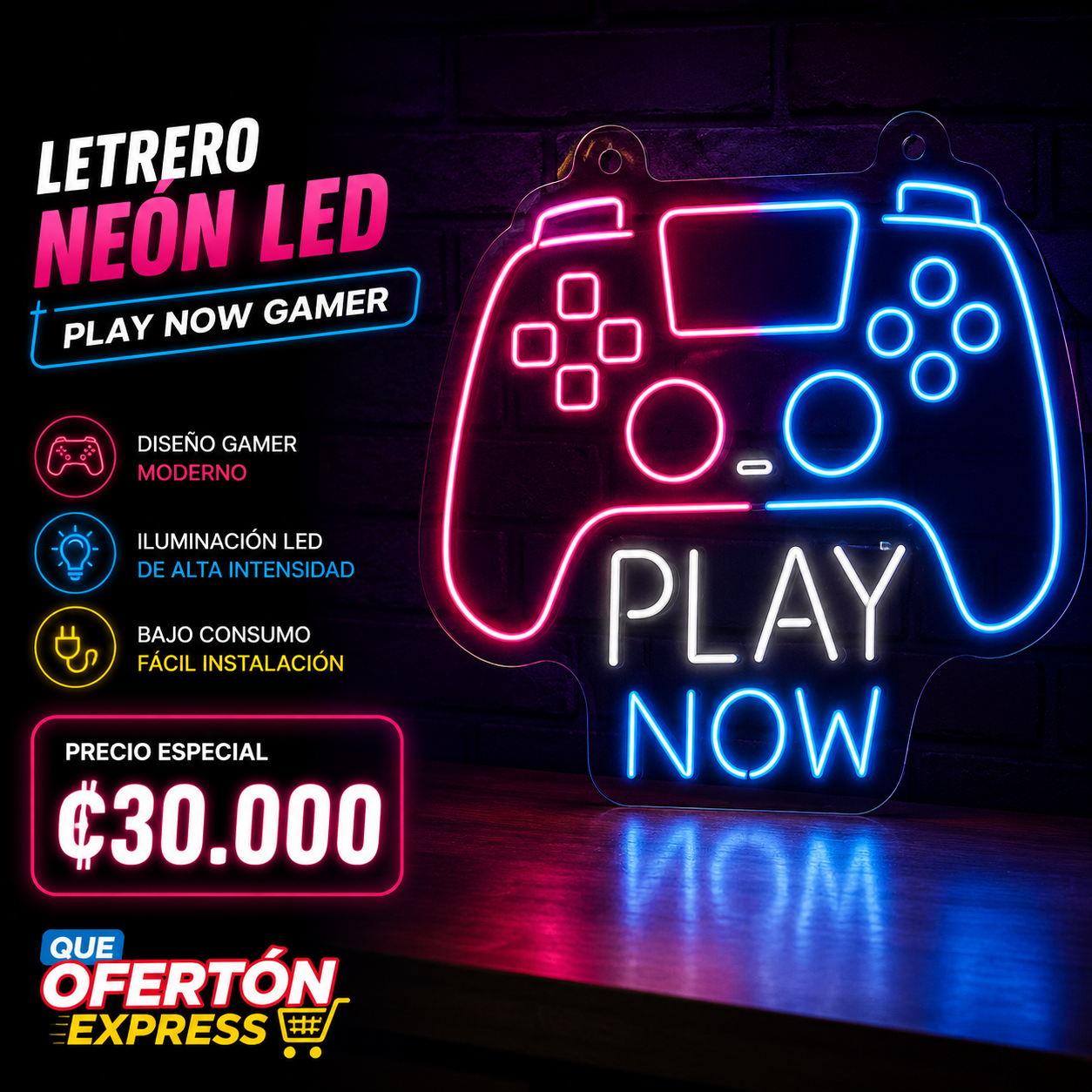 Letrero Neón LED PLAY NOW