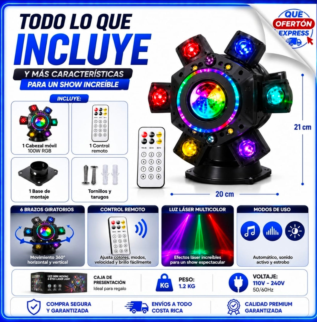 🌈 ¡Cabeza Móvil 100W RGB de 6 Brazos con Láser Integrado! 🎉