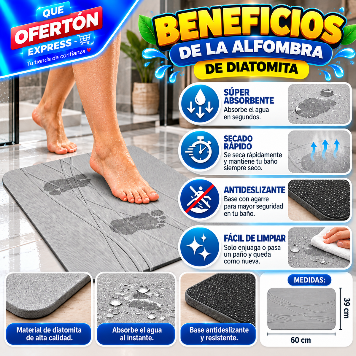 🚿✨ ALFOMBRA PARA BAÑO DE DIATOMITA