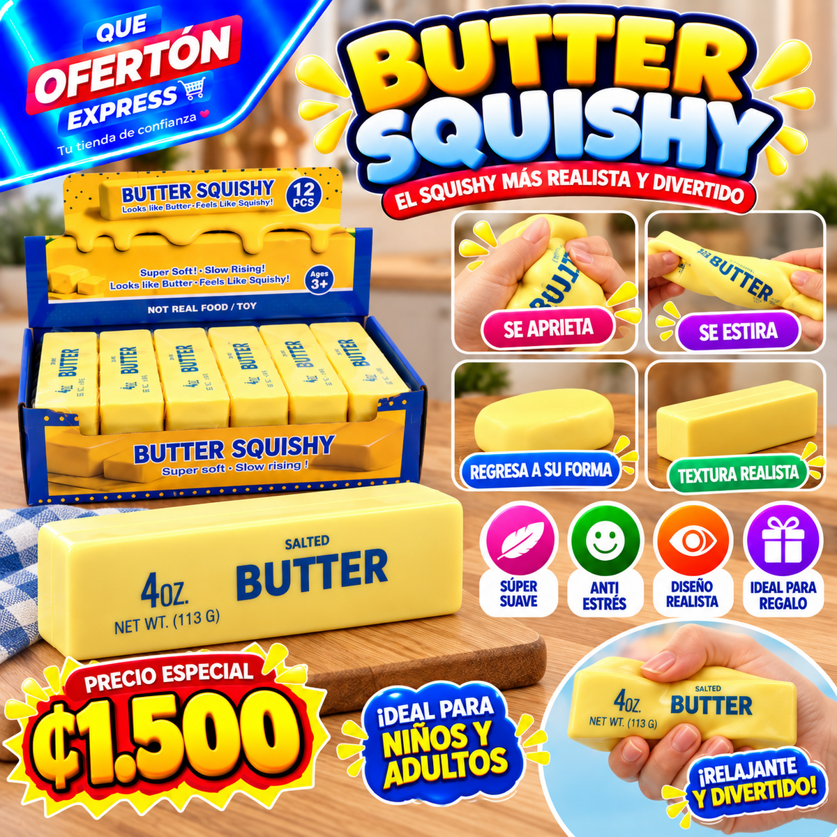 🧈💛 ¡BUTTER SQUISHY! EL JUGUETE ANTIESTRÉS MÁS DIVERTIDO! 😍

🔥 PRECIO ESPECIAL: ₡1.500 C/U 🔥

✨ Súper suave y agradable al tacto.
🤲 ¡Apriétalo, estíralo y mira cómo recupera su forma!
🧈 Diseño realista de barra de mantequilla.
🎁 Ideal para regalar