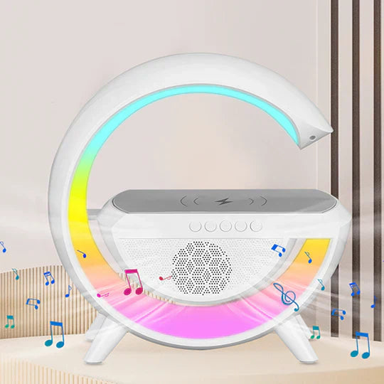 LÁMPARA DE MESA "G" RGB CON CARGA INALÁMBRICA Y FM 🎵
