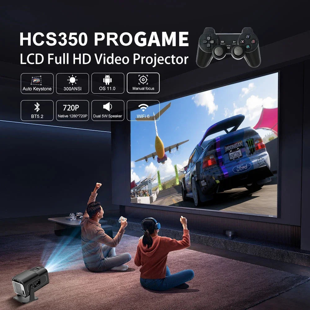Proyector HCS350 Pro, con controles y juegos, WIFI portátil inteligente proyector, compatible con GB PS1 PSP NES SFC juegos