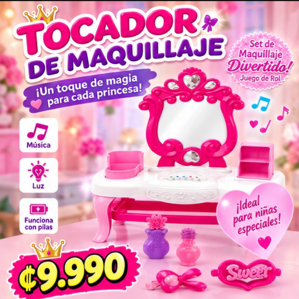 💄✨ TOCADOR DE MAQUILLAJE INFANTIL CON LUZ Y MÚSICA 👑