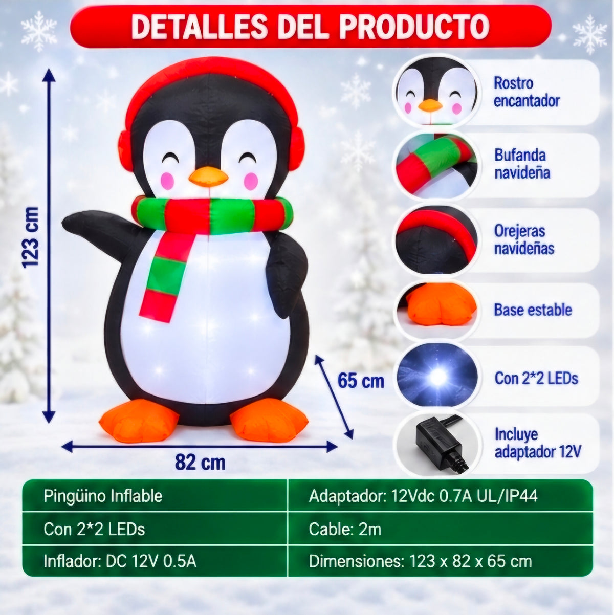 🎄🐧 PINGÜINO INFLABLE NAVIDEÑO CON LUCES LED 🐧🎄