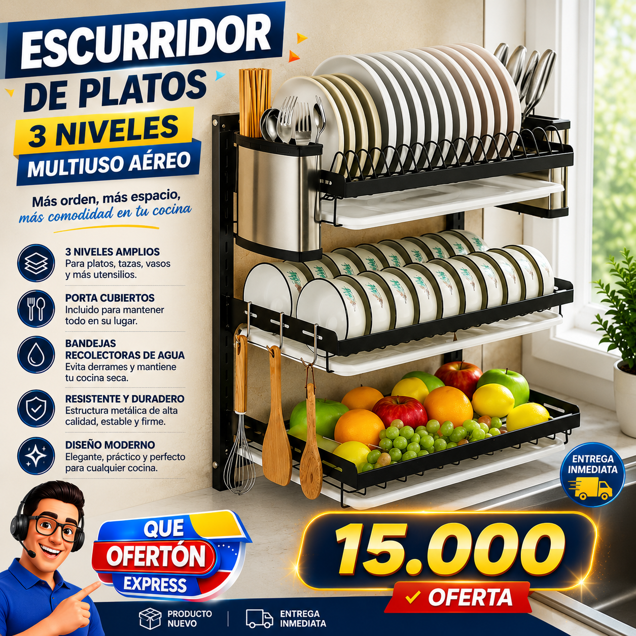 🍴 Escurridor de Platos 3 Niveles Multiuso Aéreo 🍽