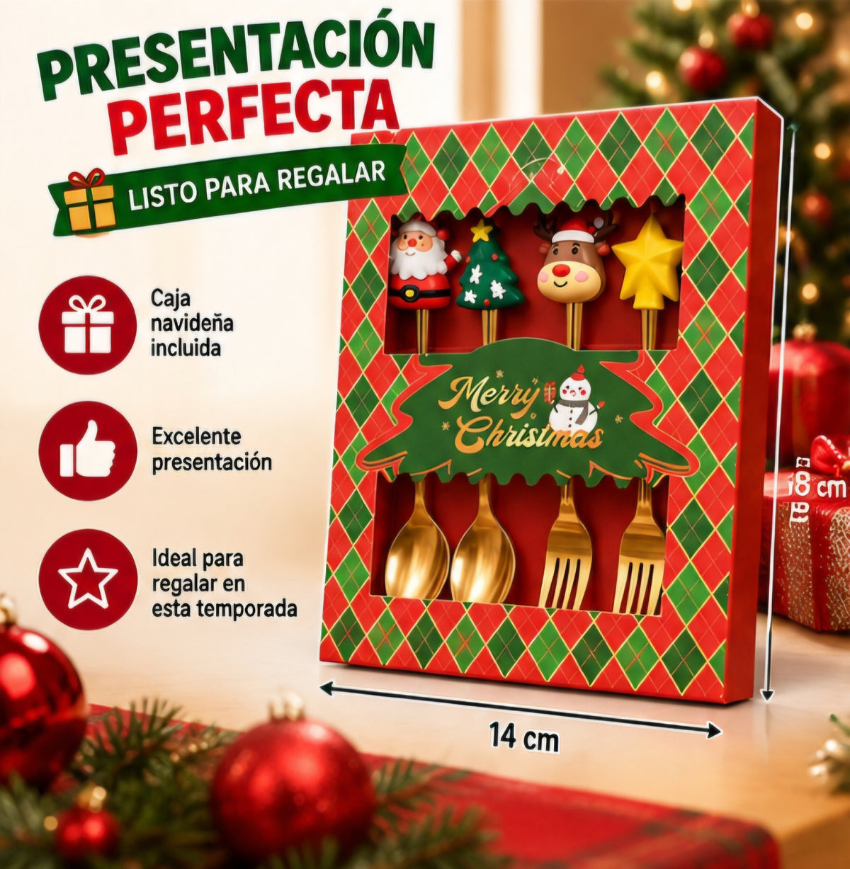 🎄✨ CUBIERTOS NAVIDEÑOS — SET DE 4 PIEZAS ✨🎄