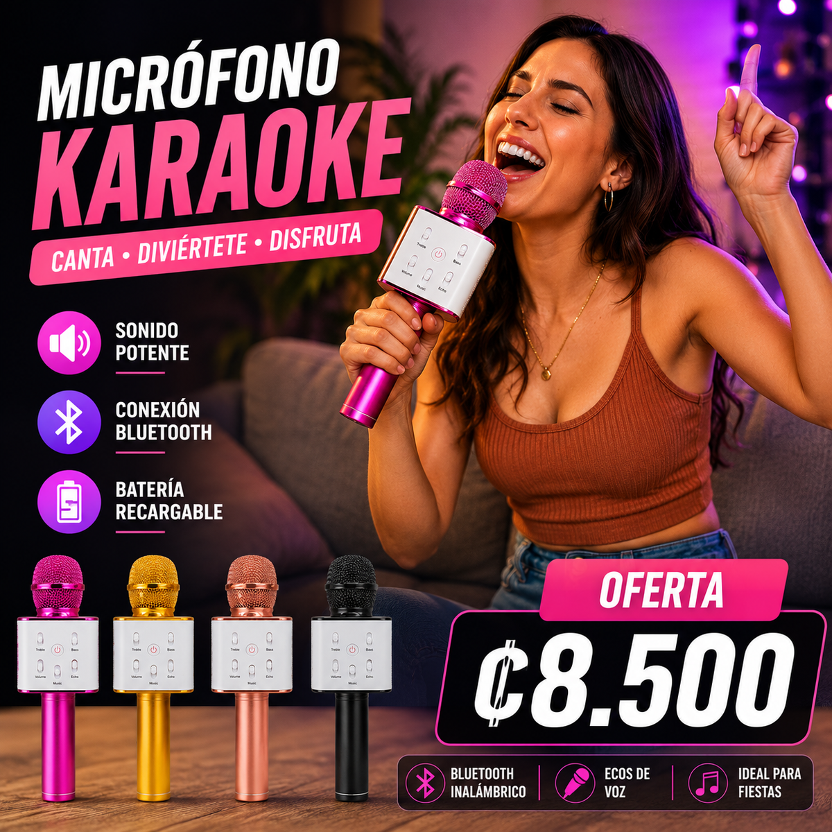 🎤 Micrófono Karaoke Bluetooth WS-Q7 – ¡La diversión comienza aquí! 🎶