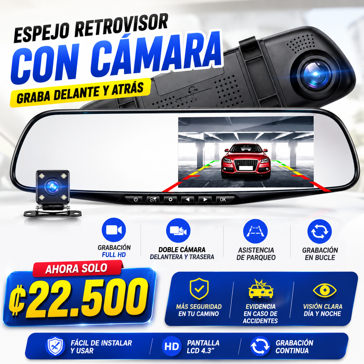 ESPEJO RETROVISOR CAMARA DELANTERA + CAMARA TRASERA