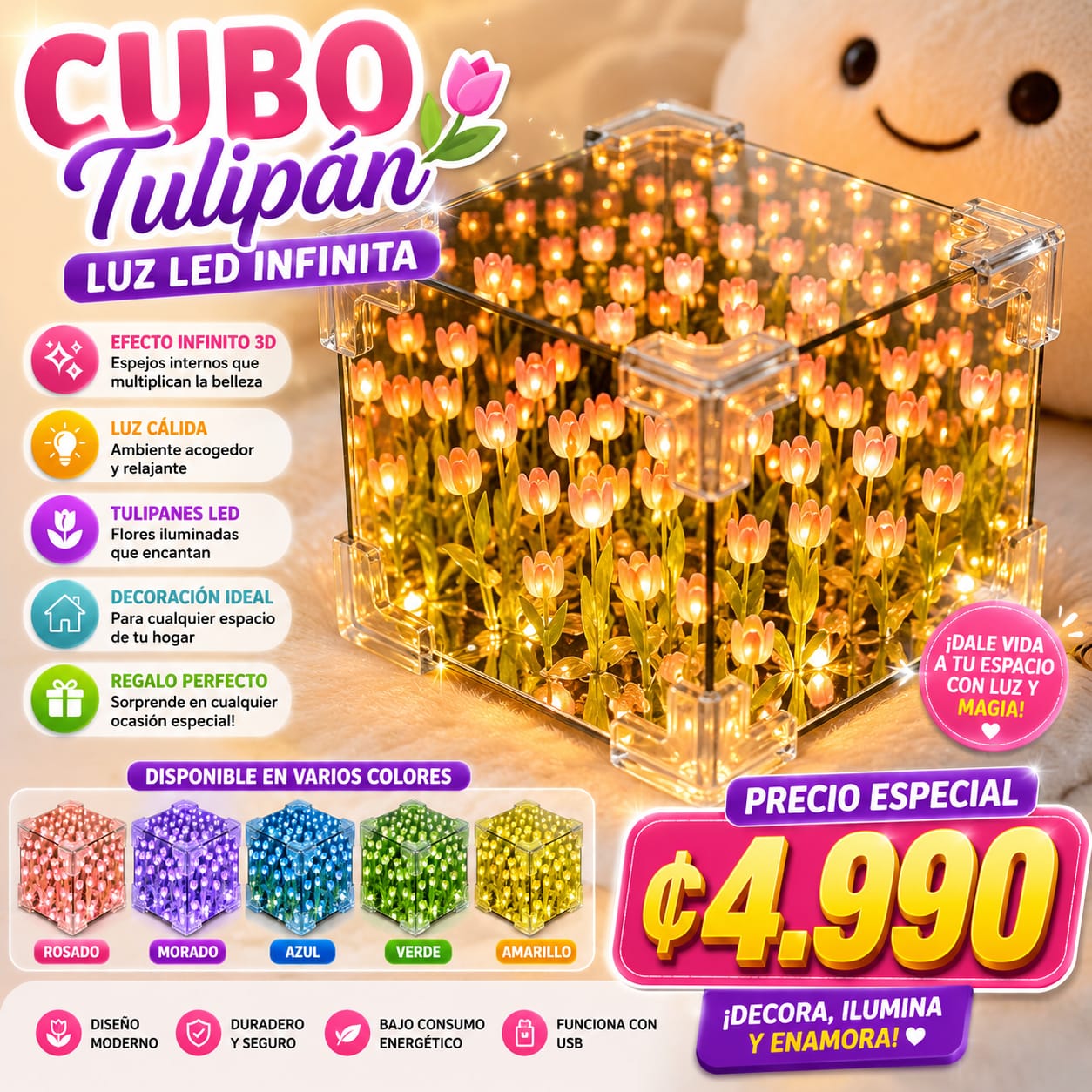 ✨ CUBO TULIPÁN LED INFINITO 3D 🌷💡