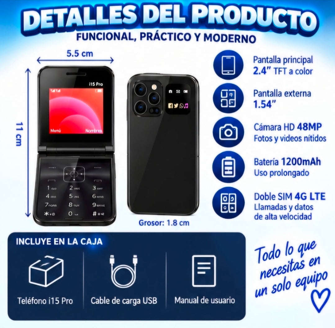 📱✨ MINI  TELEFONO CELULAR PLEGABLE i15 PRO ✨📱