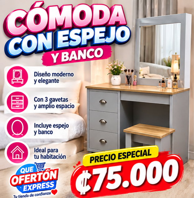 🪞✨ CÓMODA CON ESPEJO Y BANCO