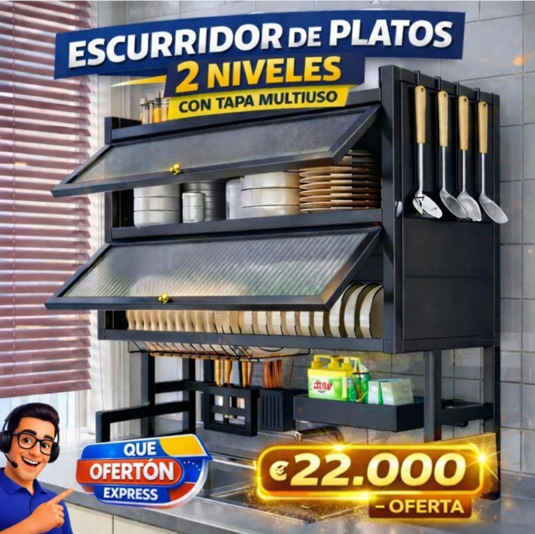 ✨ ESCURRIDOR DE PLATOS 2 NIVELES CON TAPA MULTIUSO  65CM✨