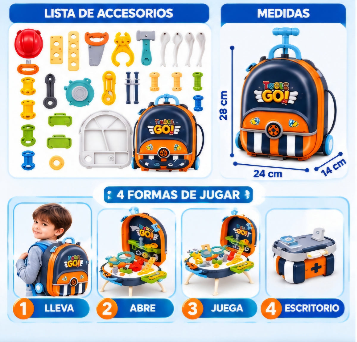 🧰 MOCHILA DE HERRAMIENTAS INFANTIL 4 EN 1
