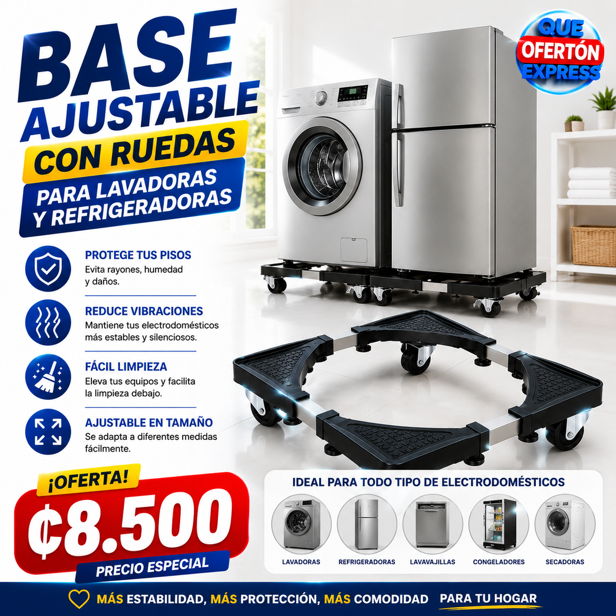 💪 Base rodines ajustable con ruedas 360° súper resistente