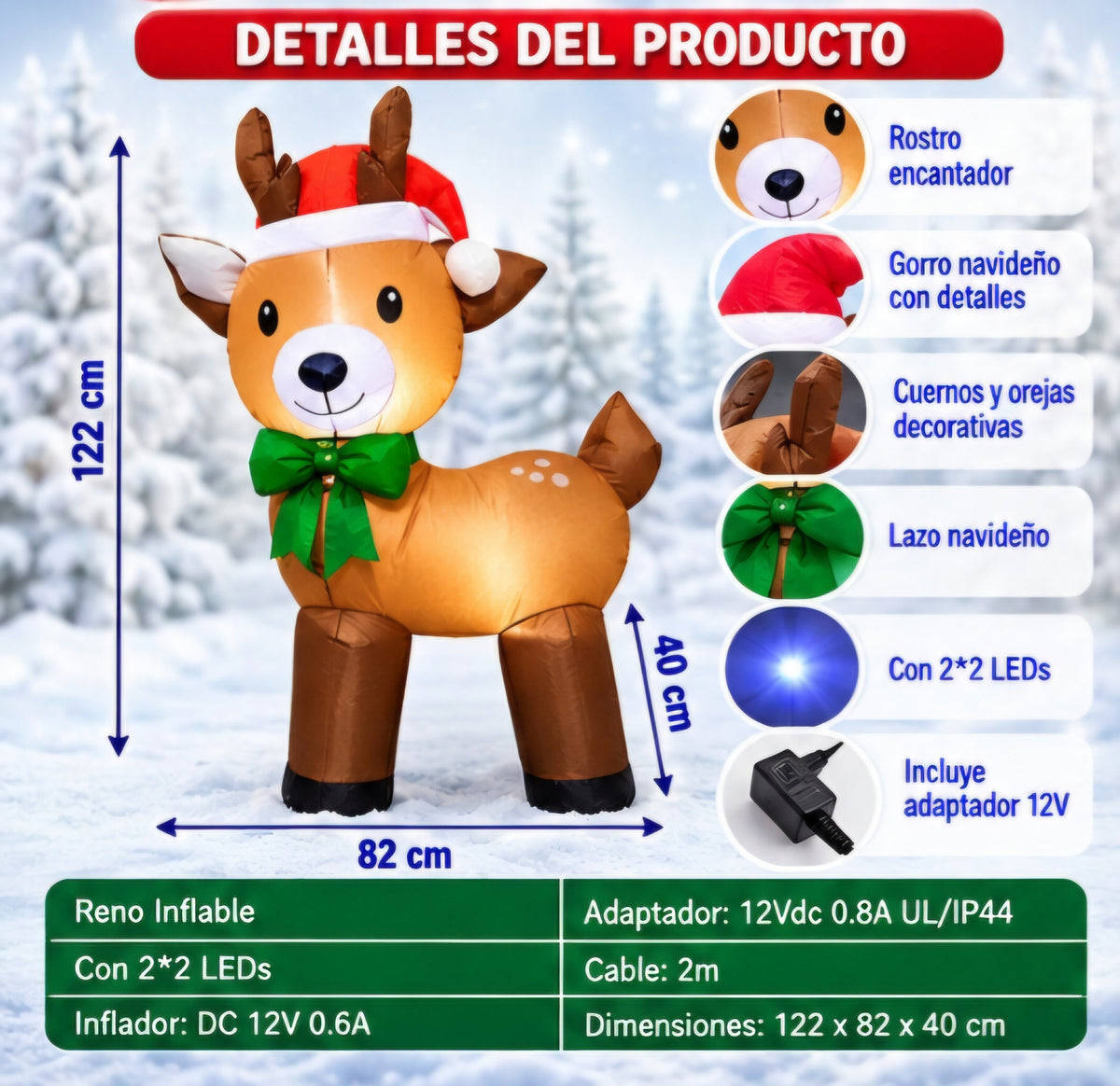 🦌🎄 RENO INFLABLE NAVIDEÑO CON LUCES LED 🎄🦌