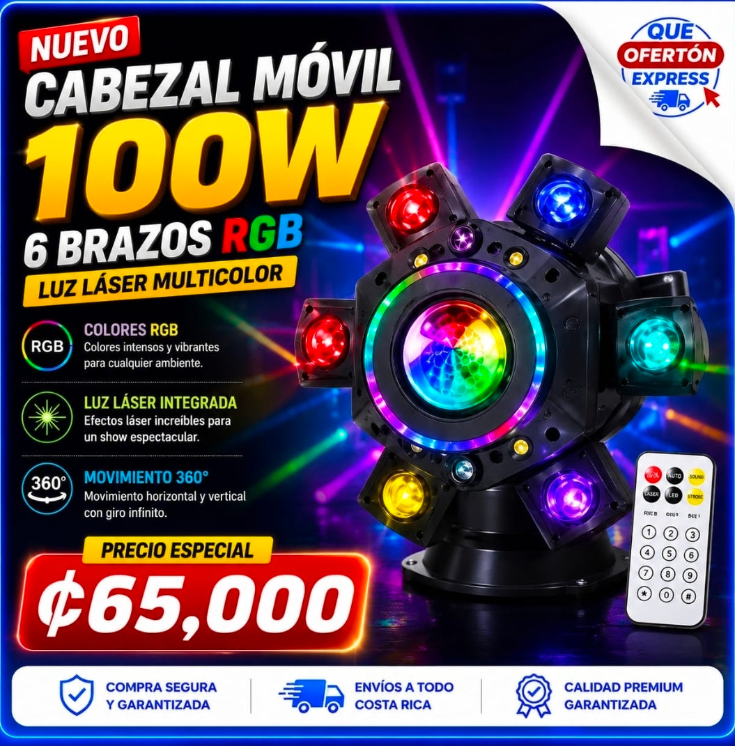 🌈 ¡Cabeza Móvil 100W RGB de 6 Brazos con Láser Integrado! 🎉