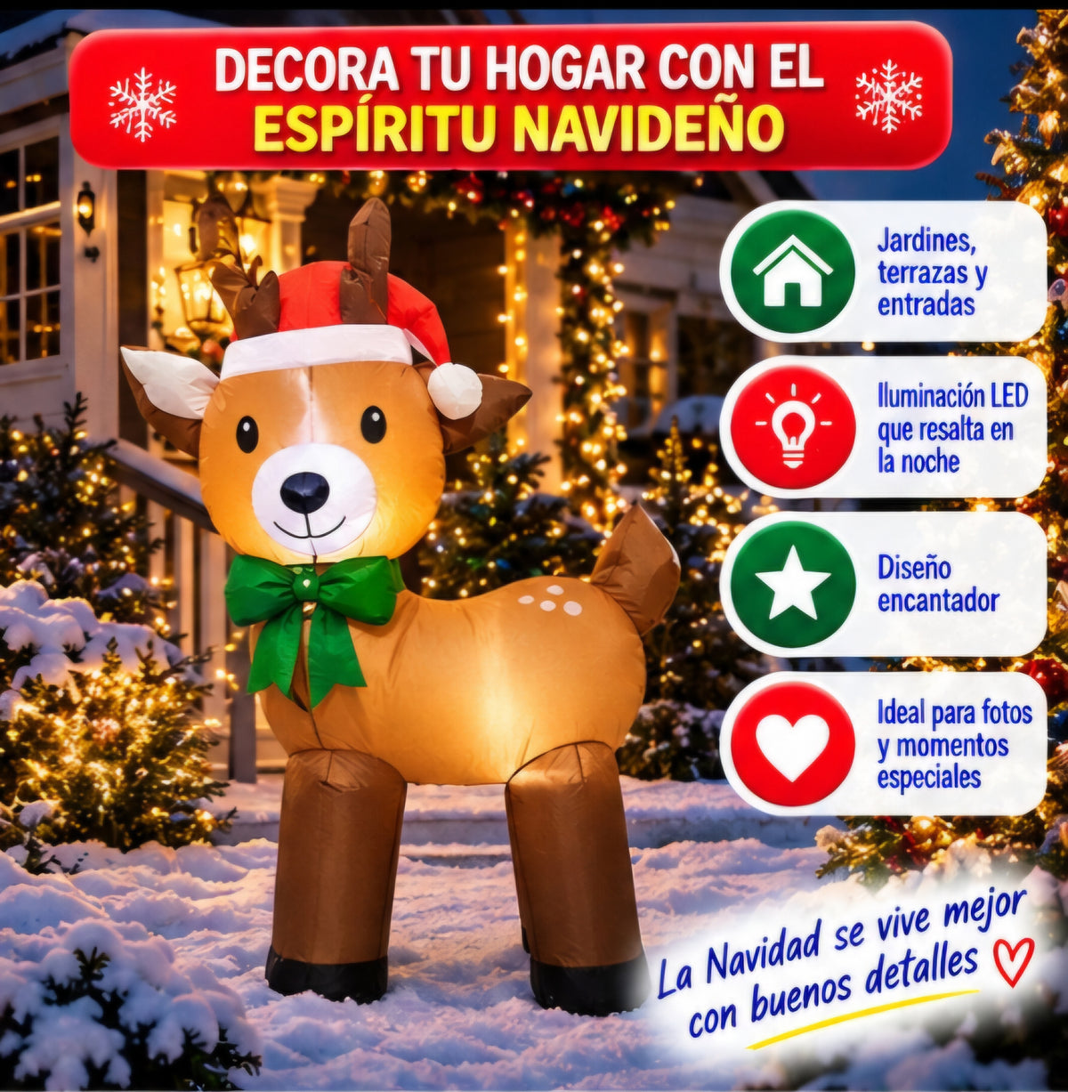 🦌🎄 RENO INFLABLE NAVIDEÑO CON LUCES LED 🎄🦌