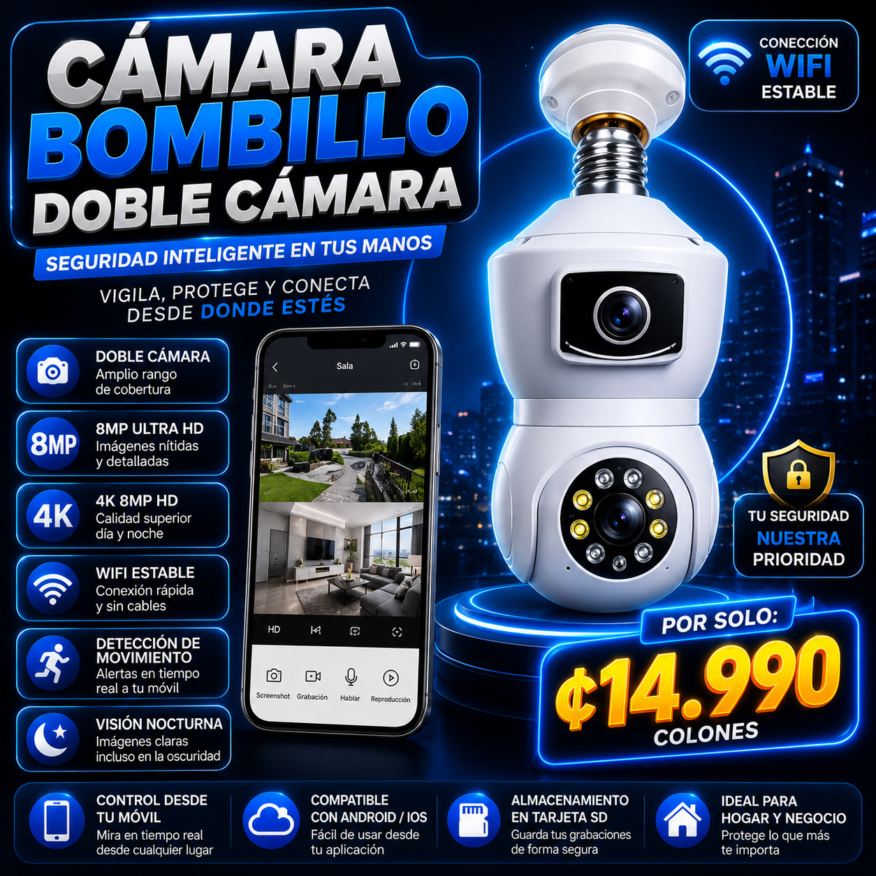 Cámara Bombillo Doble Cámara 8MP Ultra HD