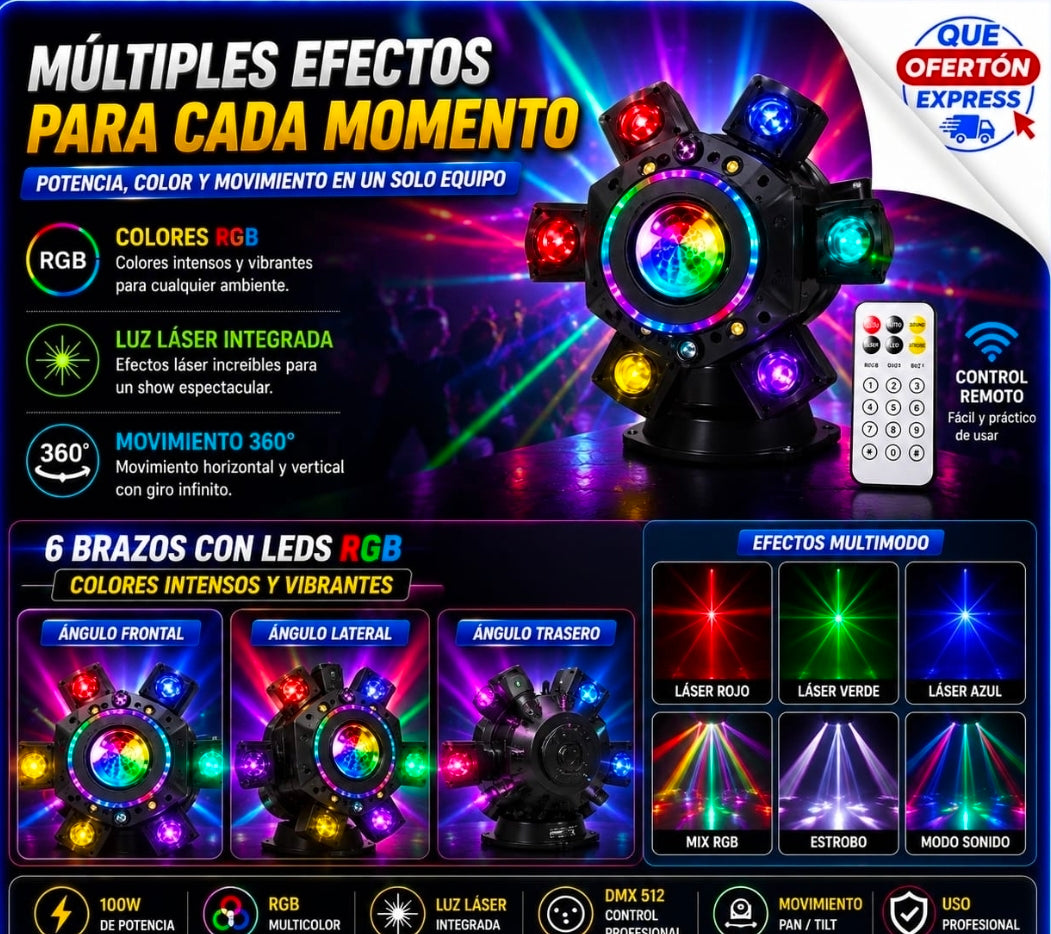 🌈 ¡Cabeza Móvil 100W RGB de 6 Brazos con Láser Integrado! 🎉