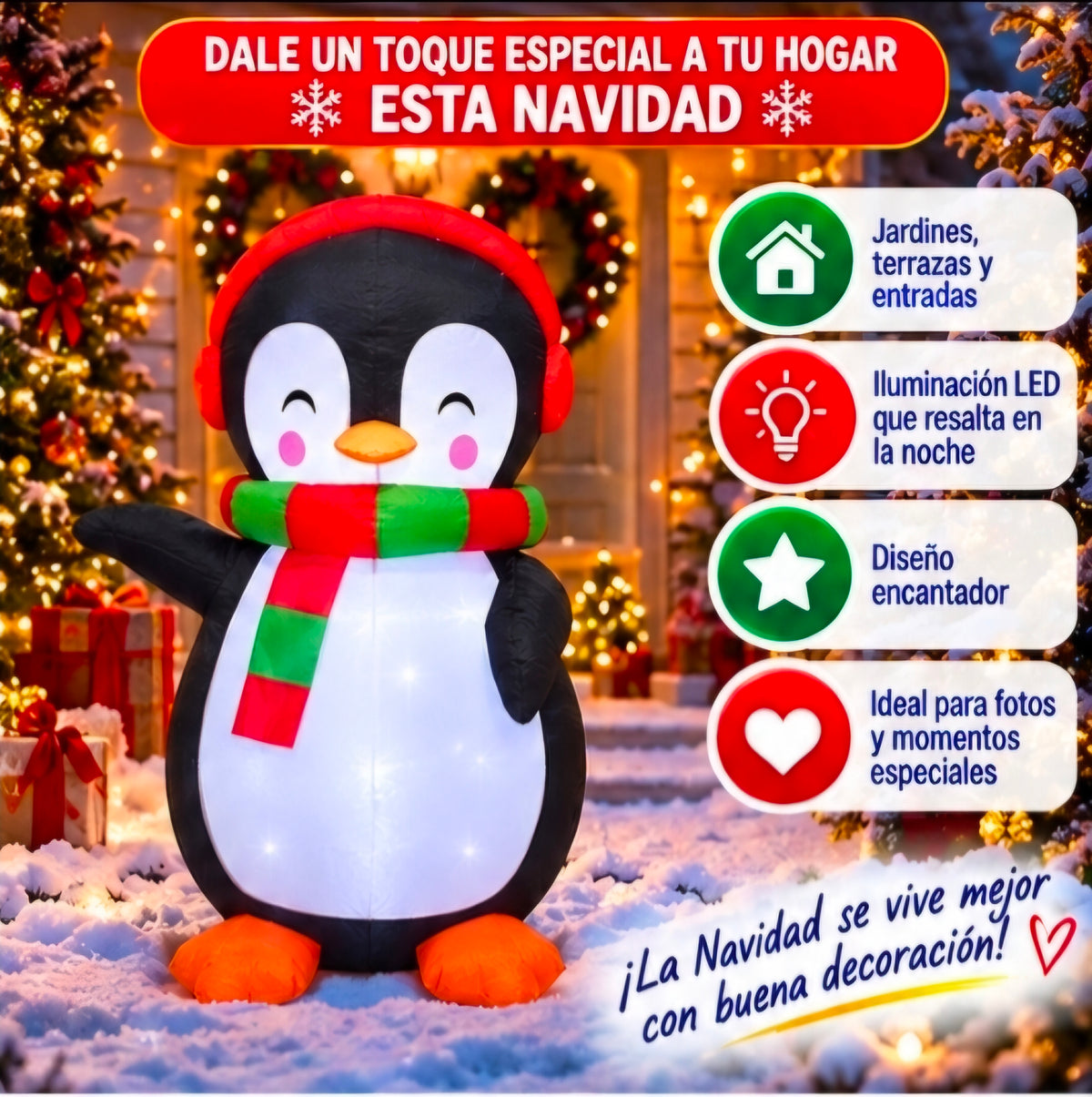 🎄🐧 PINGÜINO INFLABLE NAVIDEÑO CON LUCES LED 🐧🎄