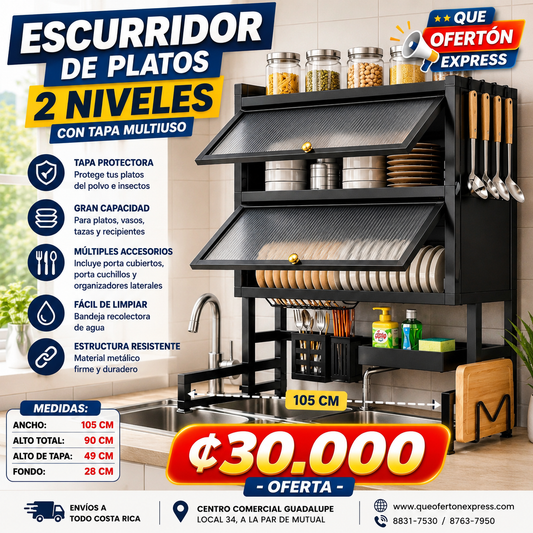 ✨ ESCURRIDOR DE PLATOS 2 NIVELES CON TAPA MULTIUSO – 105 CM ✨