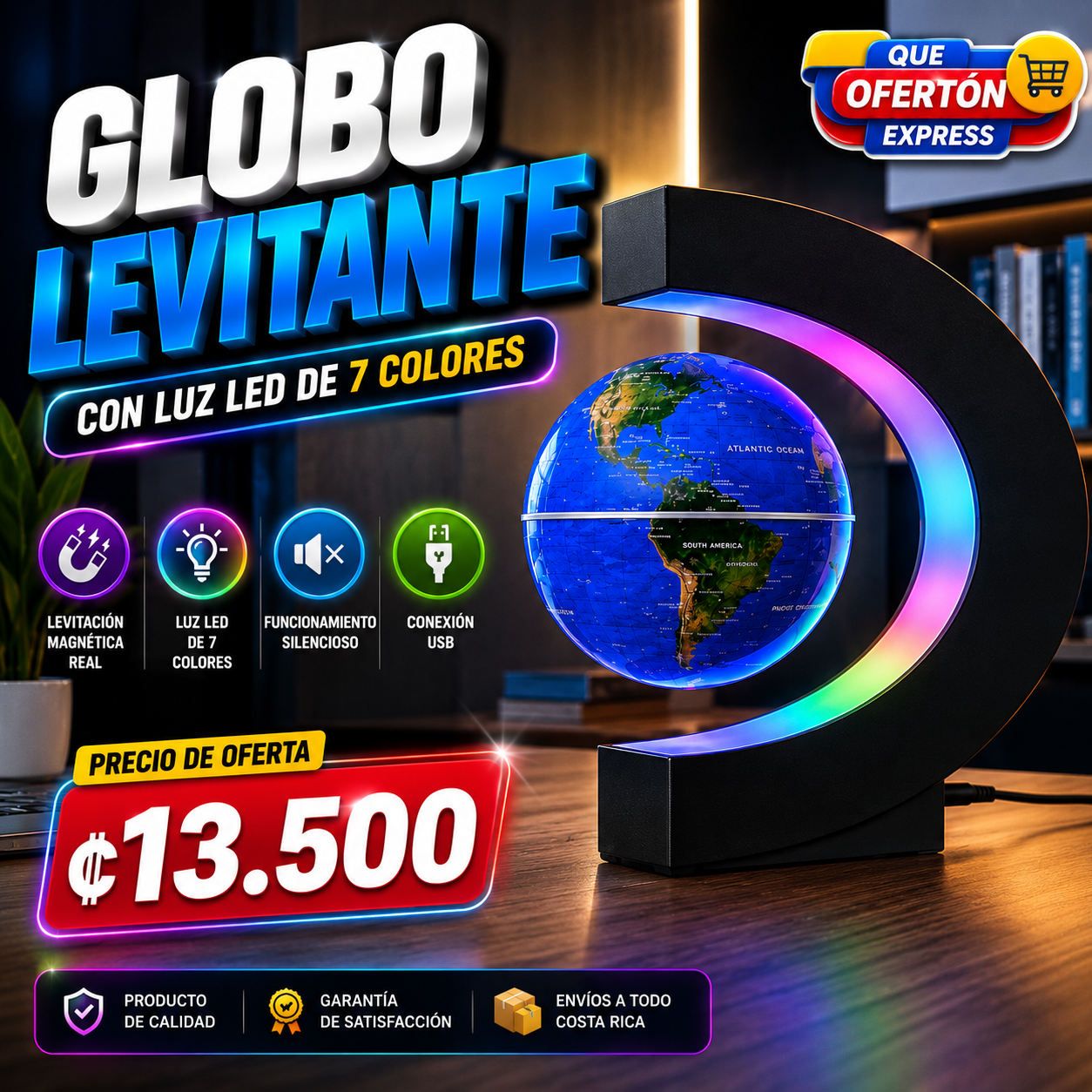 🌍 GLOBO LEVITANTE CON LUZ LED DE 7 COLORES