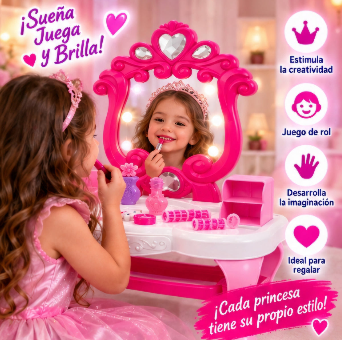 💄✨ TOCADOR DE MAQUILLAJE INFANTIL CON LUZ Y MÚSICA 👑