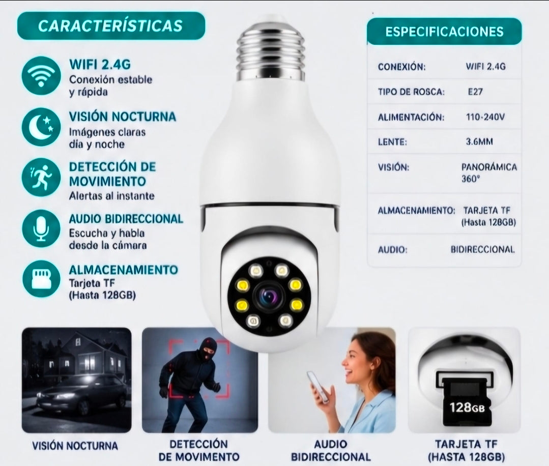 📹💡 CÁMARAS TIPO BOMBILLO WIFI 2.4G – PROMOCIÓN 2 UNIDADES