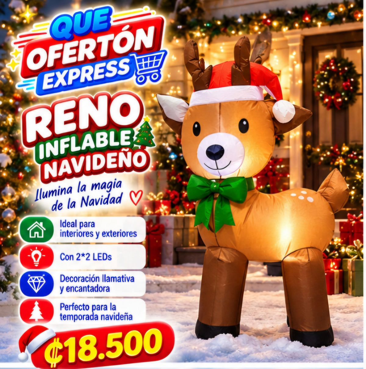 🦌🎄 RENO INFLABLE NAVIDEÑO CON LUCES LED 🎄🦌