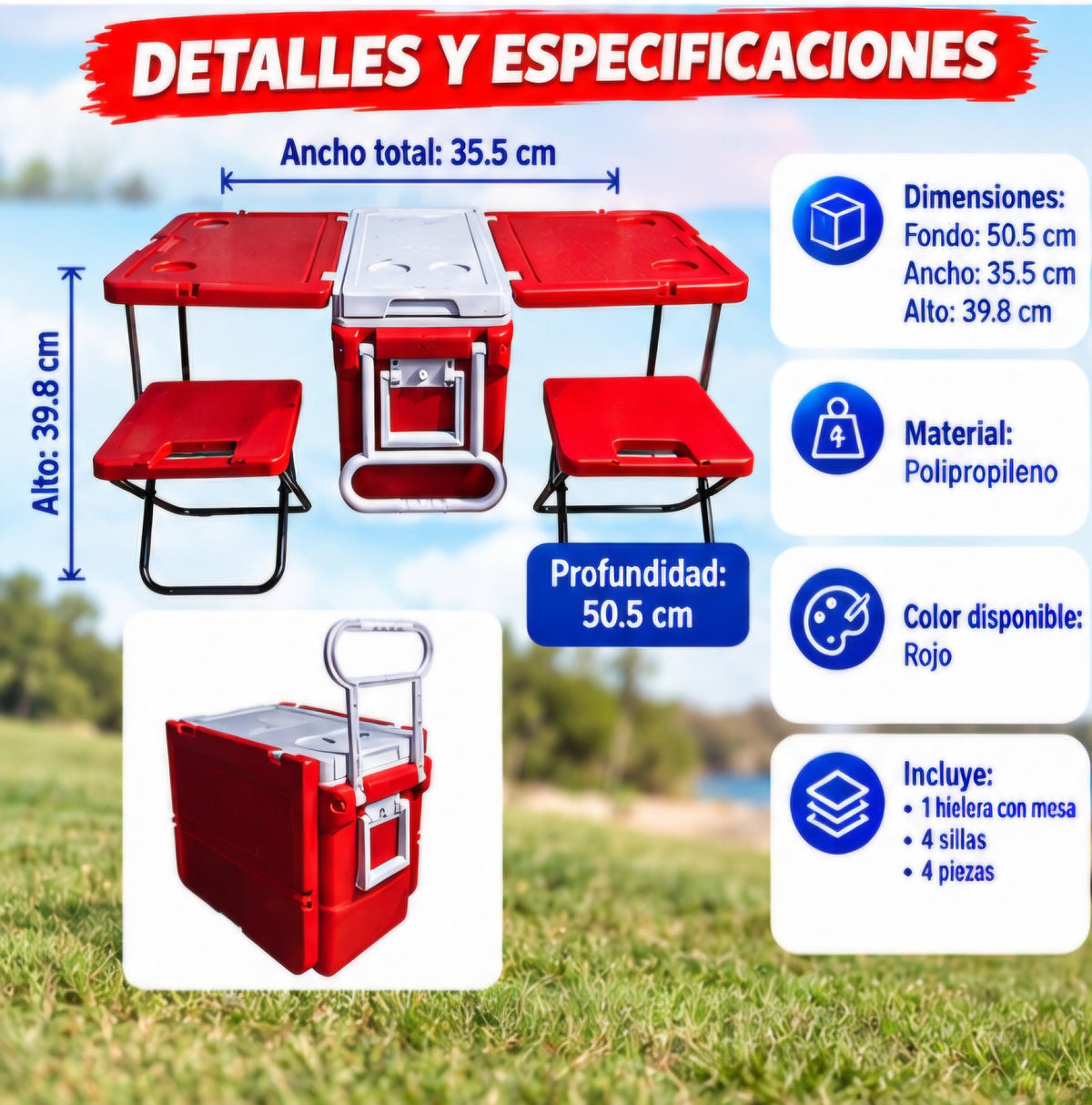 🧊 Hielera con Mesa y 4 Sillas Plegables – Set 4 Piezas