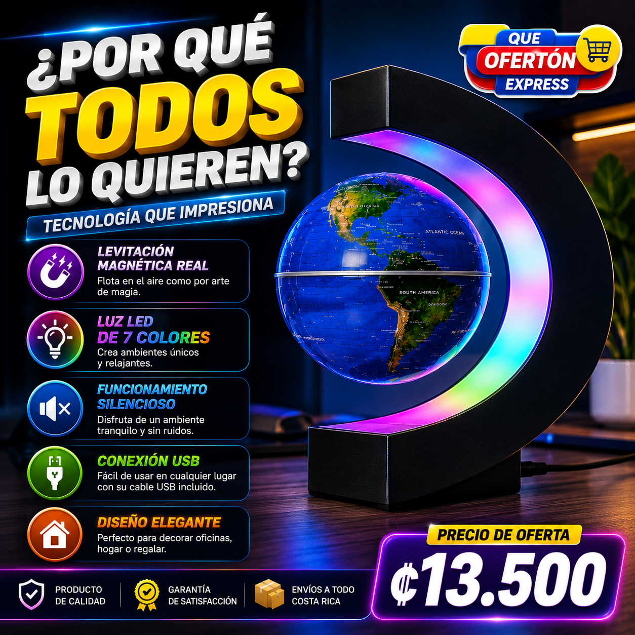 🌍 GLOBO LEVITANTE CON LUZ LED DE 7 COLORES
