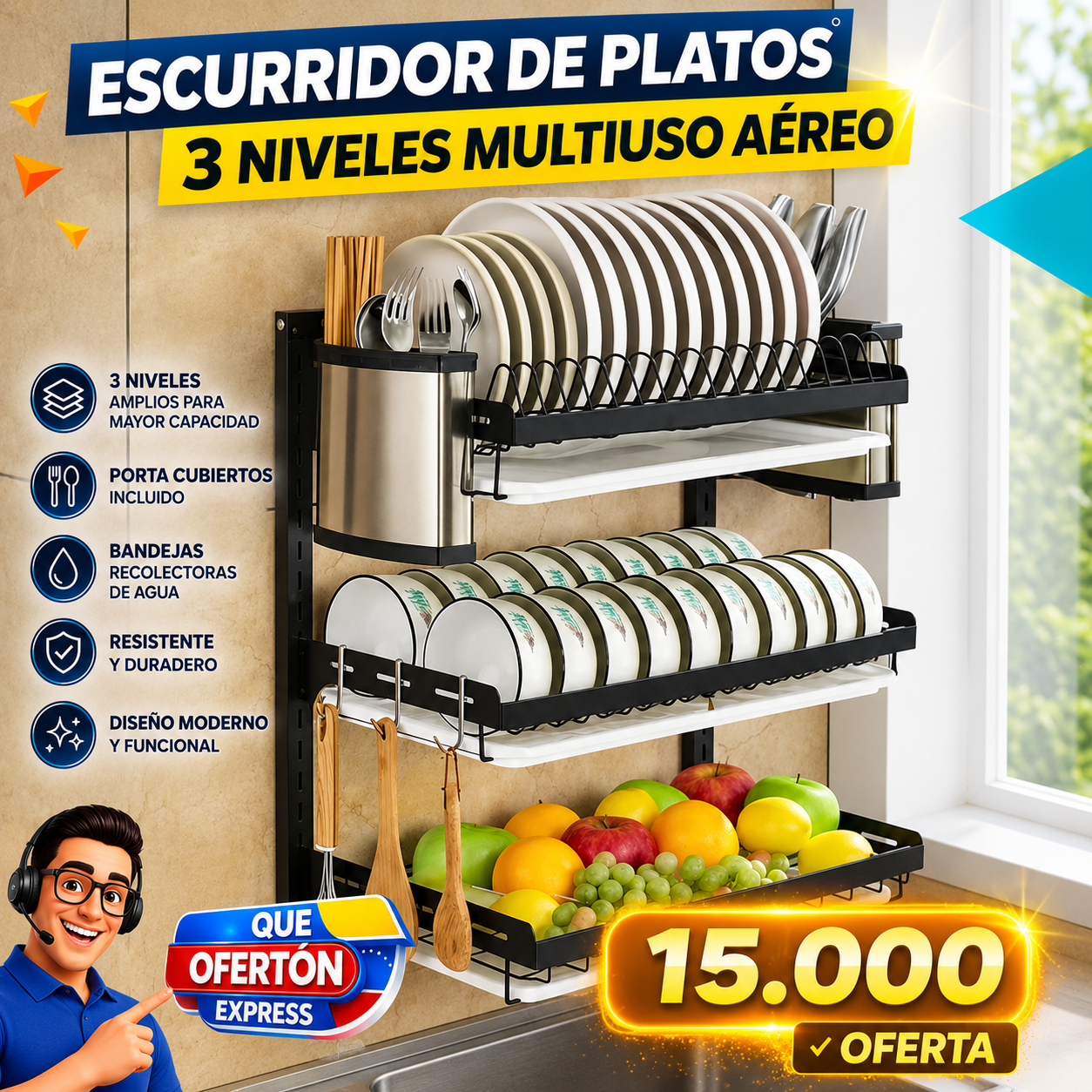 🍴 Escurridor de Platos 3 Niveles Multiuso Aéreo 🍽