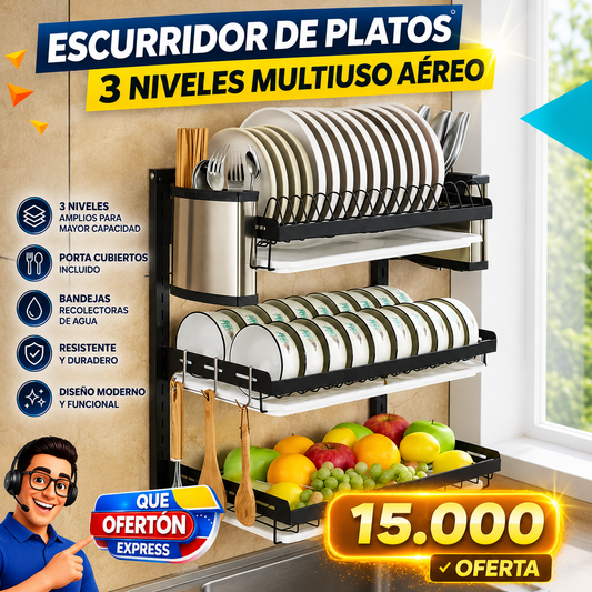 🍴 Escurridor de Platos 3 Niveles Multiuso Aéreo 🍽