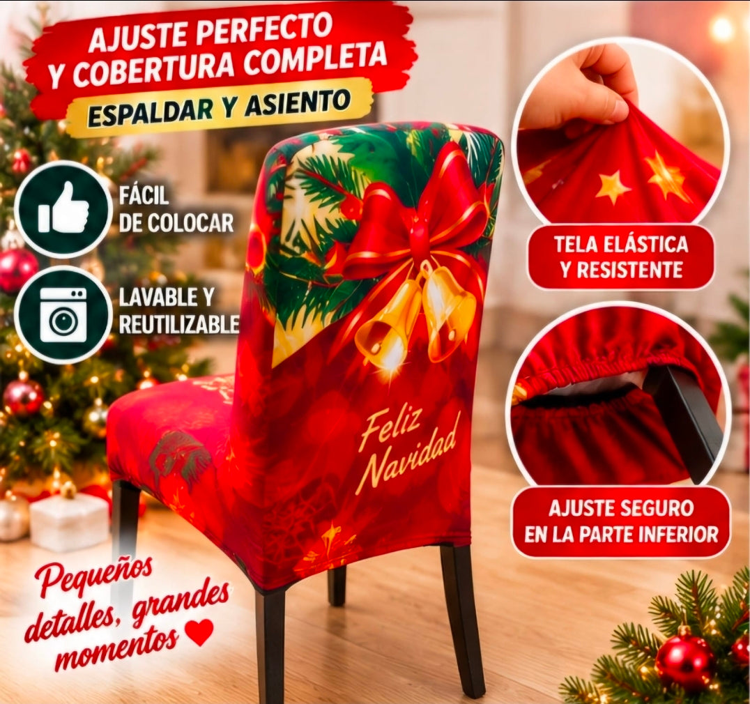 🎄 Funda Elástica Navideña para Silla – Cubre Espaldar y Asiento