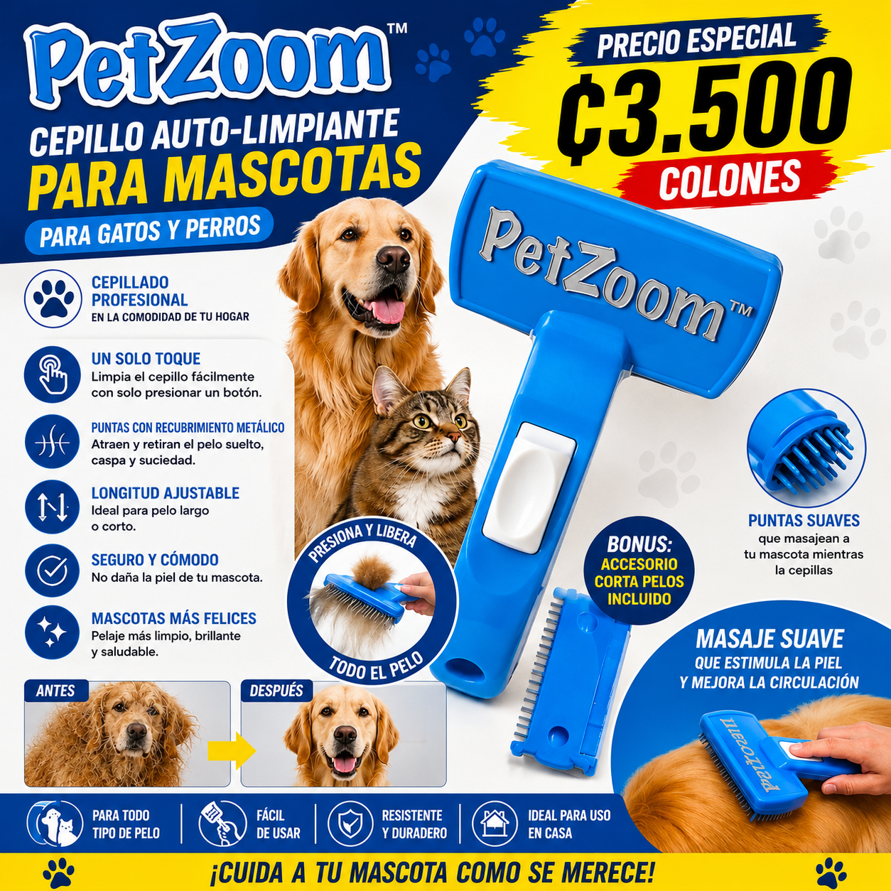🐶🐱✨Cepillo Auto-Limpiante PetZoom