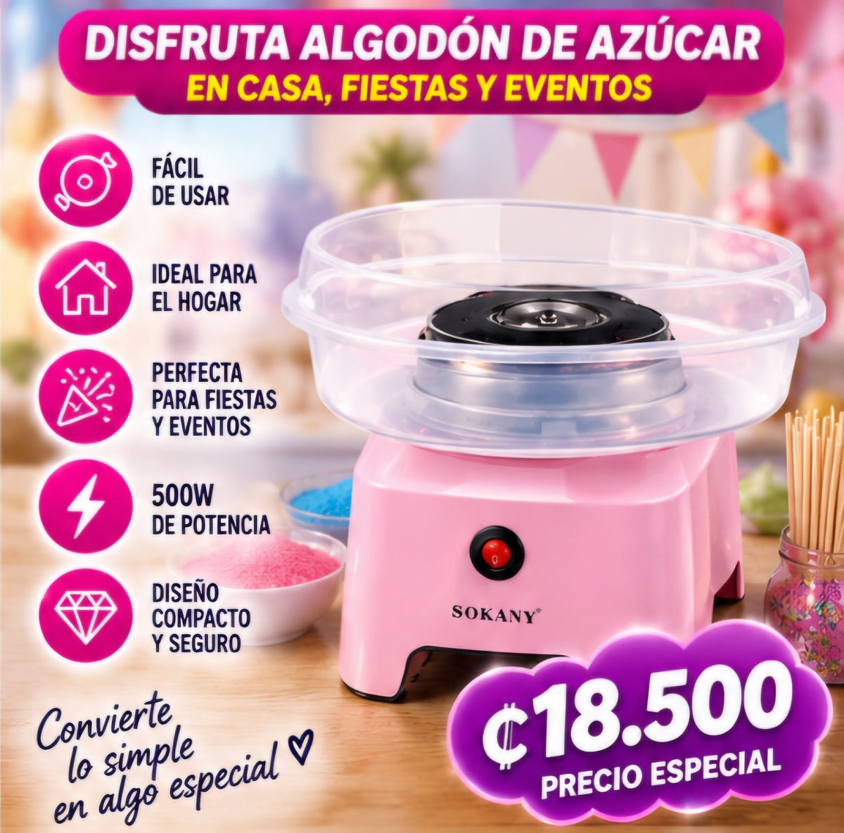 🍭✨ MÁQUINA DE ALGODÓN DE AZÚCAR 500W ✨🍭
