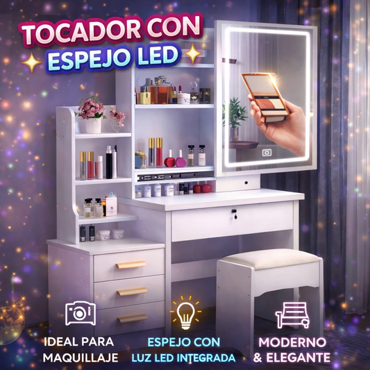🪞✨ TOCADOR CON ESPEJO LED – Elegancia, orden y luz perfecta ✨💄