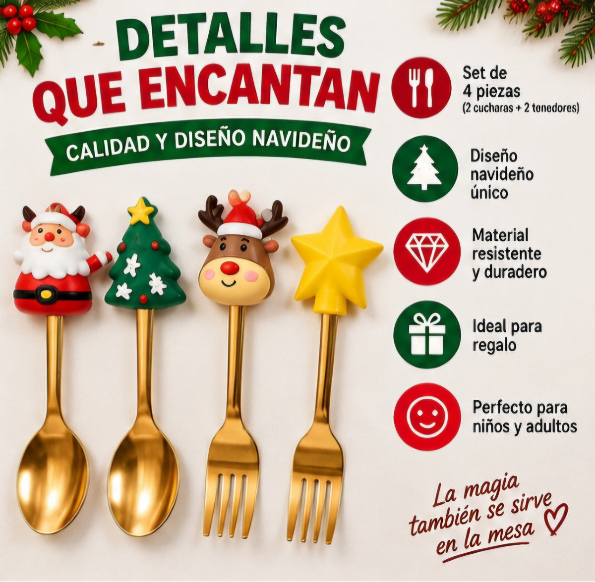 🎄✨ CUBIERTOS NAVIDEÑOS — SET DE 4 PIEZAS ✨🎄