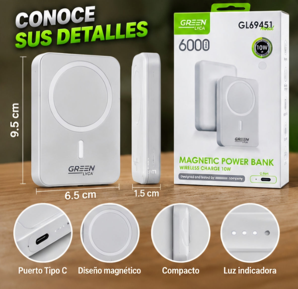 🔋 Power Bank Magnético 6000mAh – Carga Inalámbrica 10W | GREEN LYCA