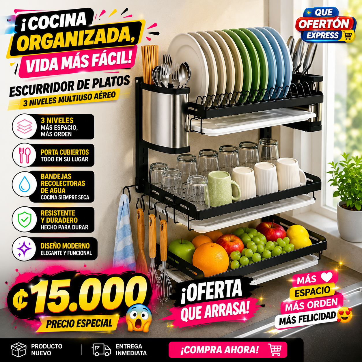 🍴 Escurridor de Platos 3 Niveles Multiuso Aéreo 🍽